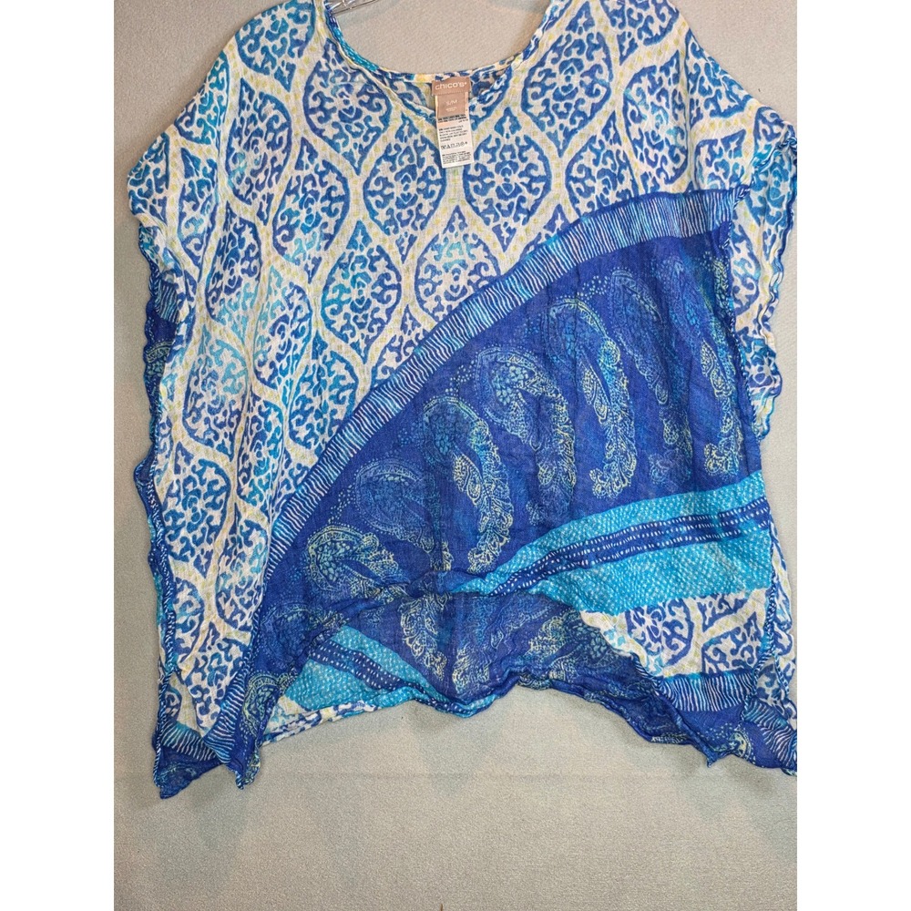 Chicos Poncho Top Womens S/M Blue White Linen Mixed Print Paisley Damask Resort